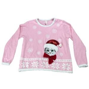 Pink Cat In Red Sequin Hat Holiday Time Ugly Christmas Sweater Sz XL 16/18